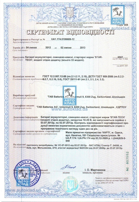 Сертификат Аккумулятор 12 В